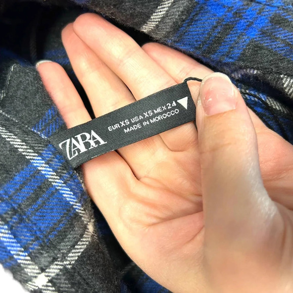 Zara‎ Blue Plaid Flannel Cropped Button Down Shirt Size XS - Picture 9 of 11